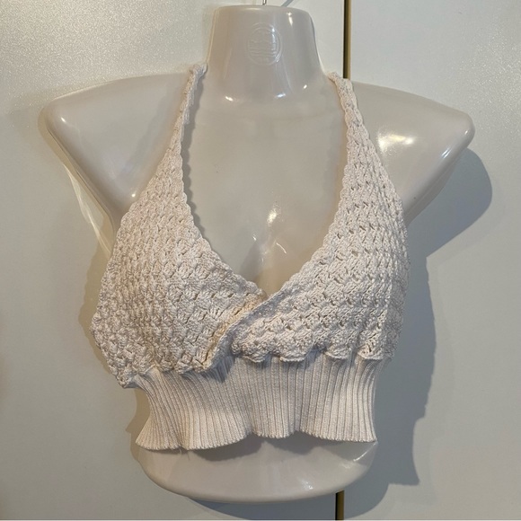 Off White Crochet Knit Cropped Halter Top - Picture 1 of 16